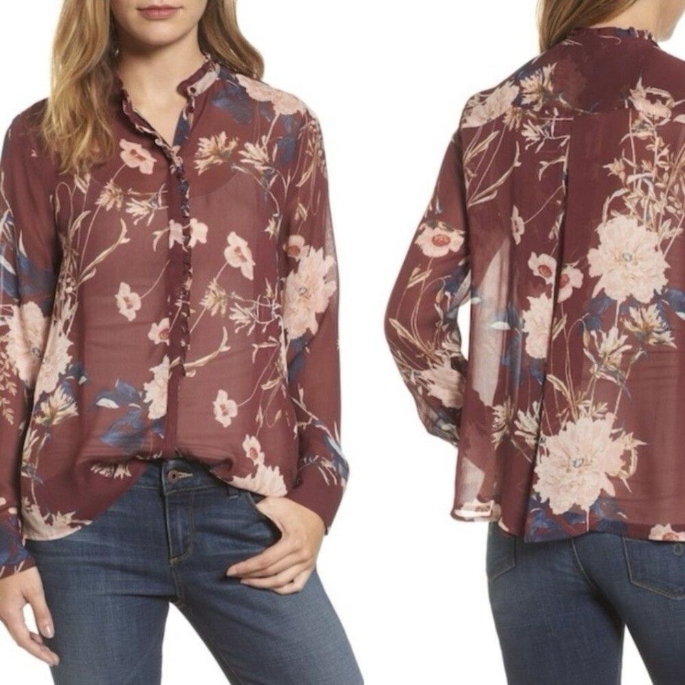 Lucky Brand Top Womens Large Floral Button Front Semi Sheer Ruffle Trim Blouse